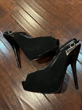 Bakers Black Suede Peep-Toe Slingback Stiletto Heels